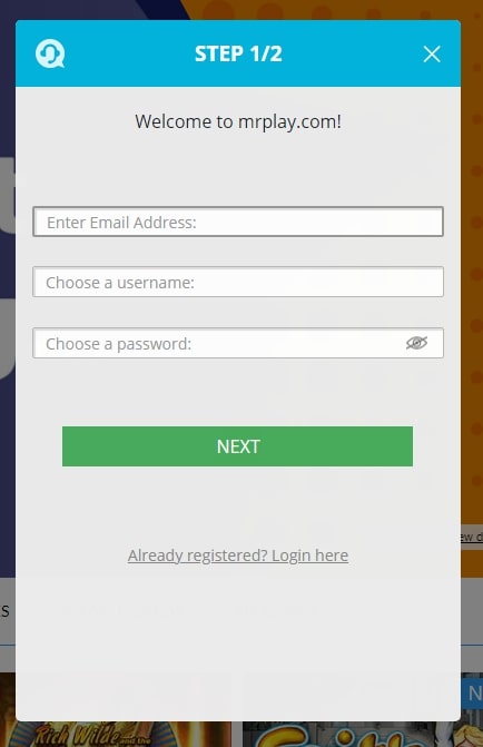 mr.play Casino registration page