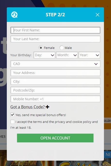 mr.play Casino Registration page 2
