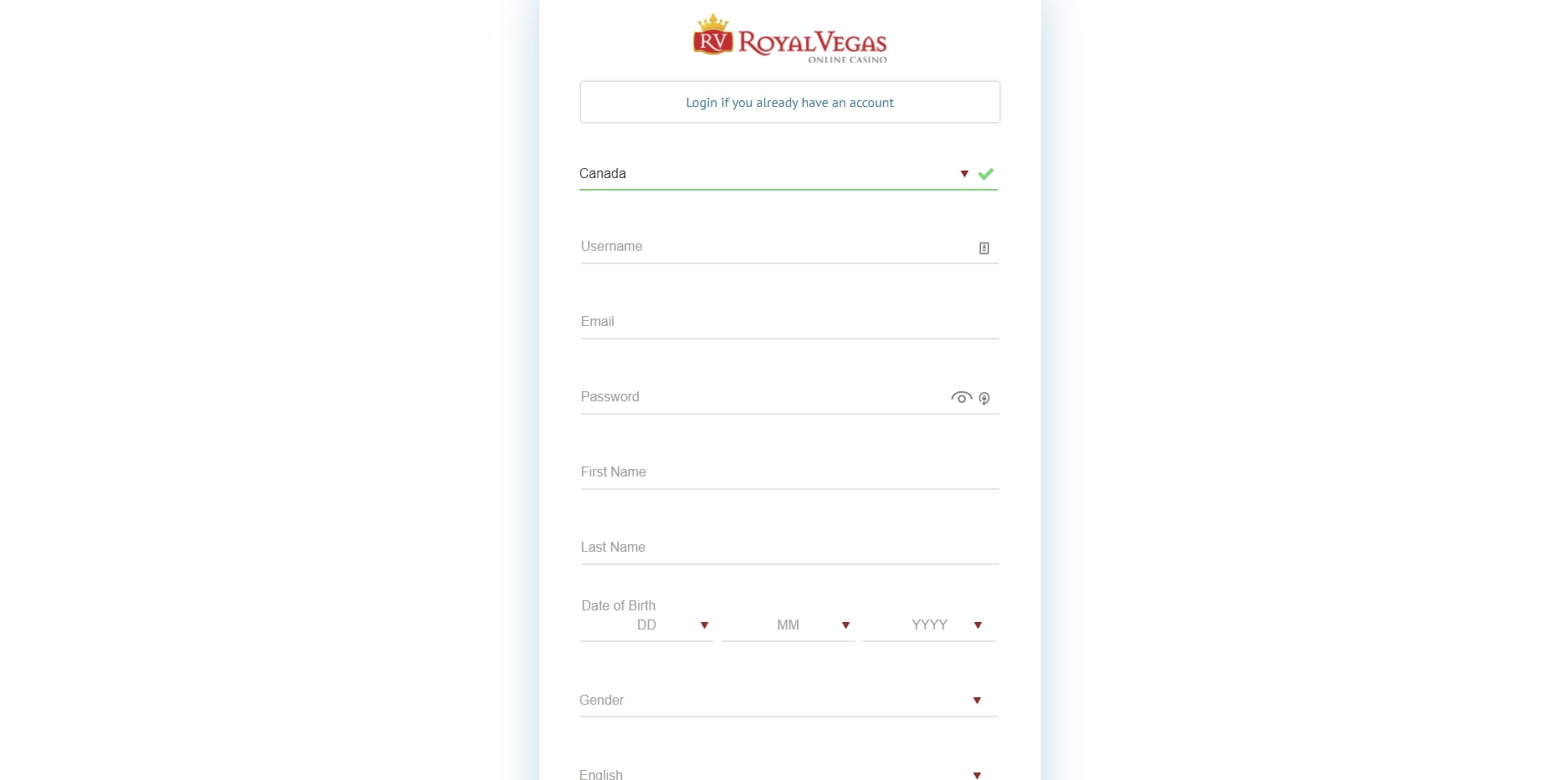 Royal Vegas Casino Sign Up Page