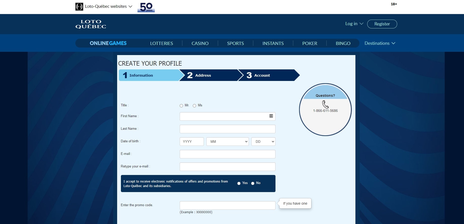 Casino Montreal Registration page