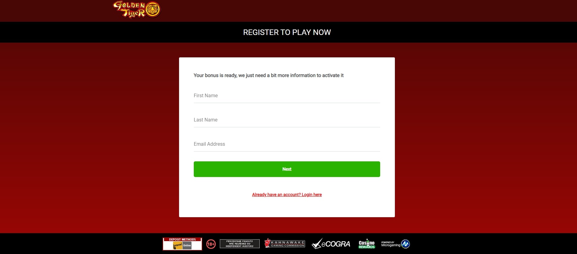 Golden Tiger Casino registration