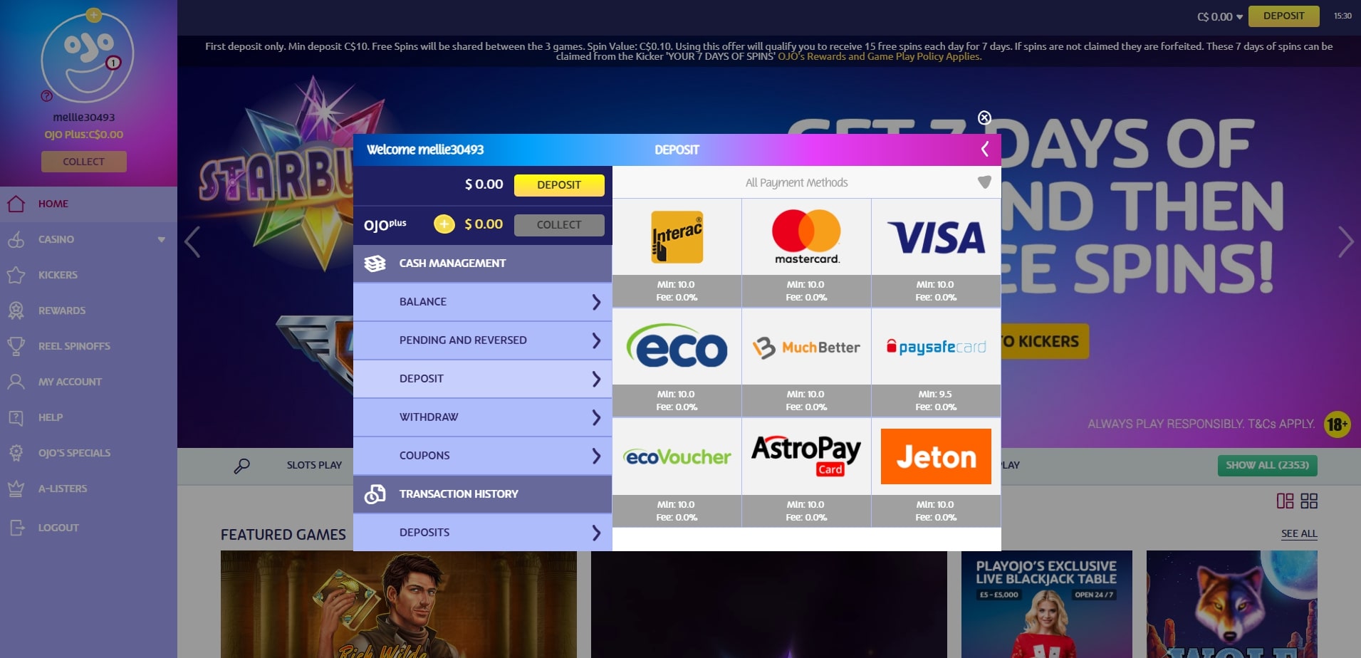 PlayOJO Casino Deposit