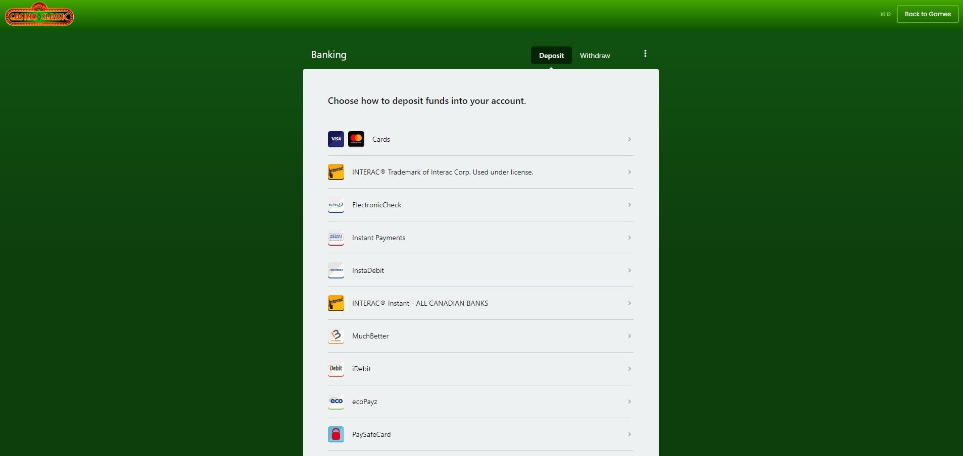 Casino Classic deposit