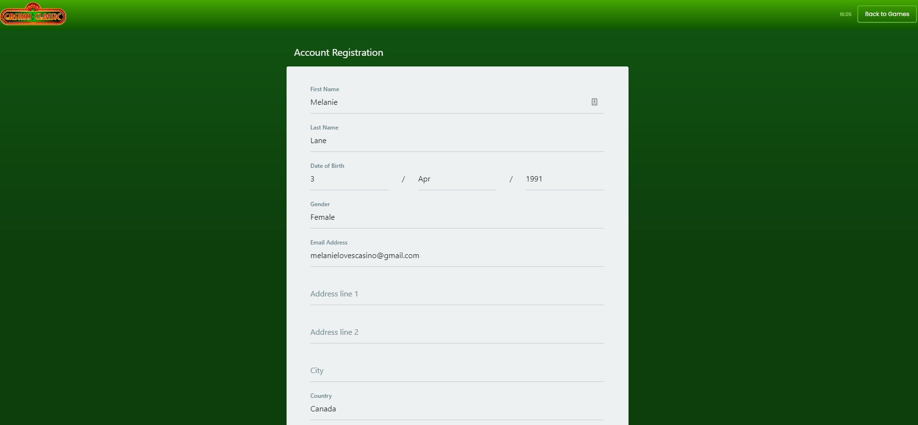 Casino Classic signup page