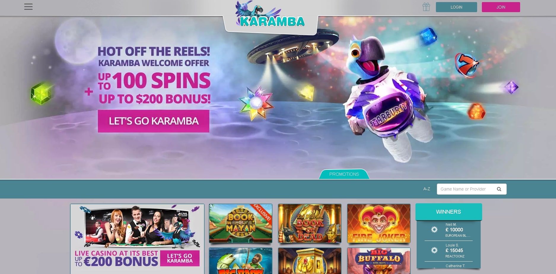 Karamba Casino homepage