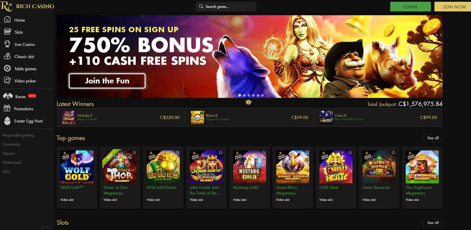 Rich Casino homepage